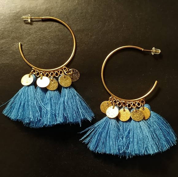 Jewelry - ❤🆕 Gold & mid Blue Coin Tassel Boho Hoop Earrings